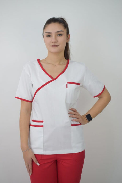 Uniforma Pentru Femei A08 Alb + Rosu Cu Pantaloni Albi