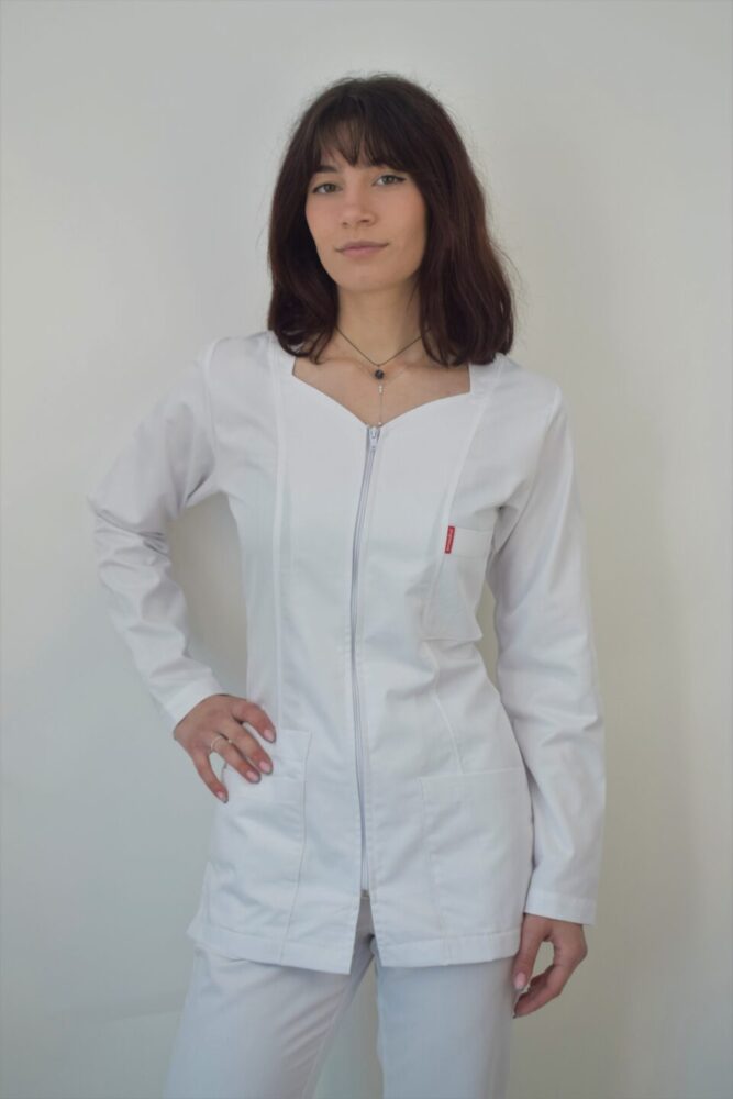 Halat de Dama Scurt Cambrat Cu Maneca Lunga Alb A03ASML