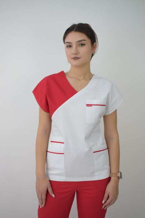 Uniforma Pentru Femei A02 Alb + Rosu Cu Pantaloni Albi