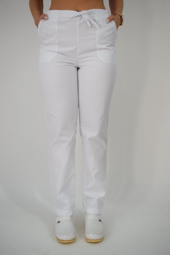 Uniforma Pentru Femei Model Brodat A05 Alb + Bleu Inchis Cu Pantaloni Albi