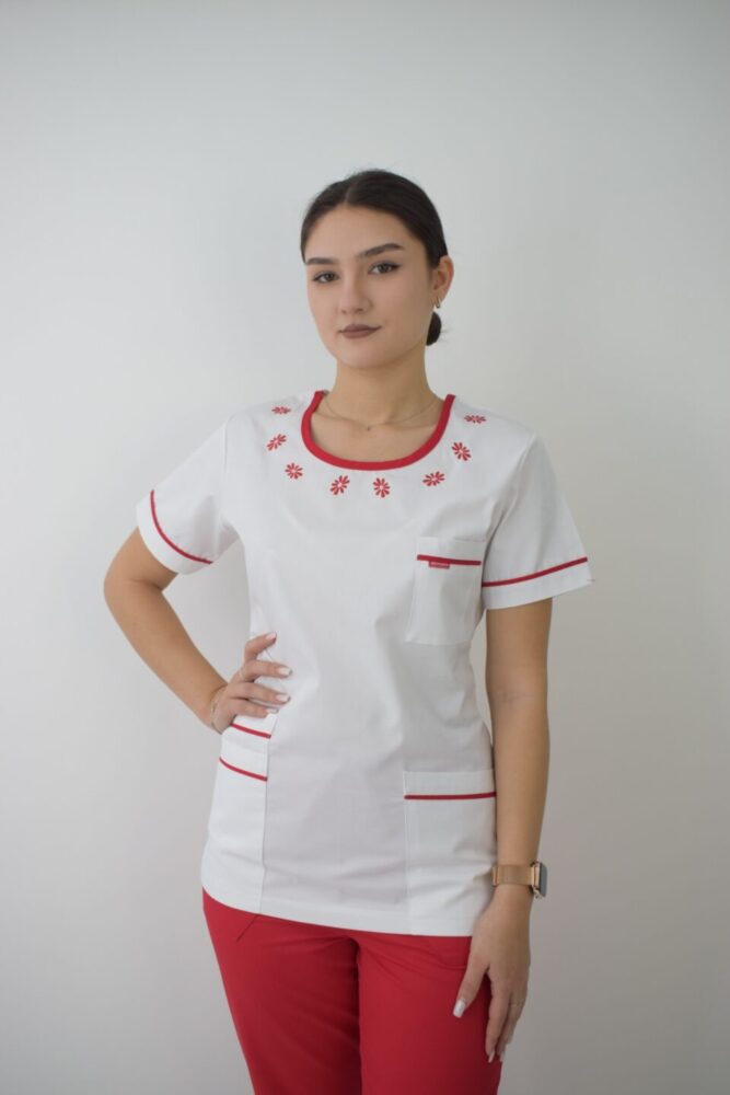 Uniforma Pentru Femei B06 Alb + Rosu Cu Pantaloni