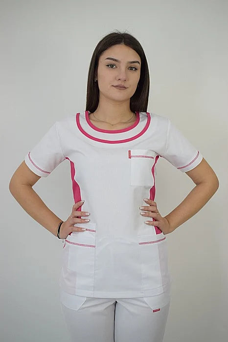 Uniforma Pentru Femei A06 Alb + Roz Cu Pantaloni