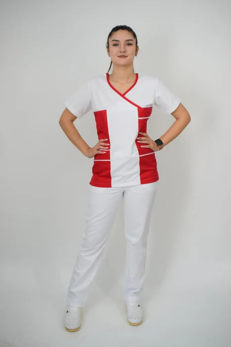 Uniforma Pentru Femei D06 Alb + Rosu Cu Pantaloni Albi
