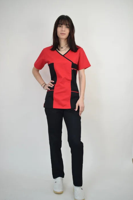 Uniforma Pentru Femei D06 Rosu + Negru Cu Pantaloni Negri