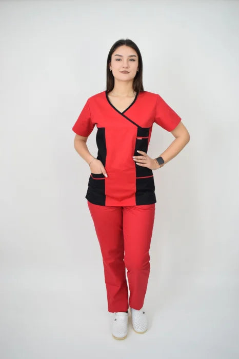 Uniforma Pentru Femei D06 Rosu + Negru Cu Pantaloni Rosii