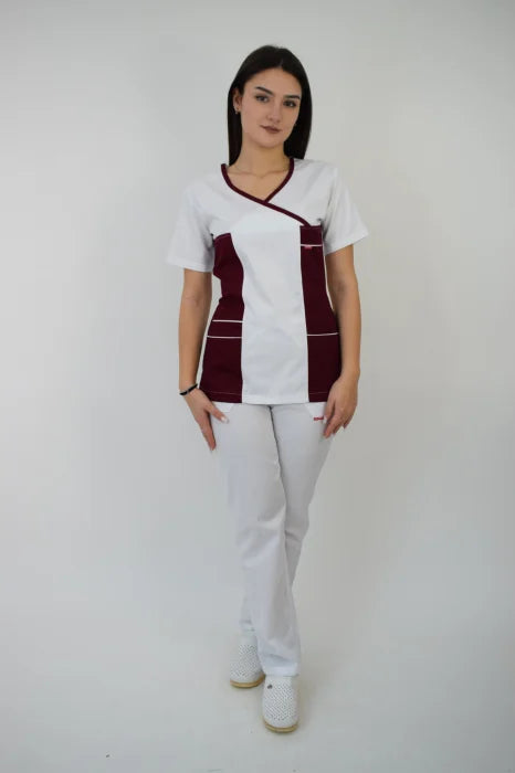 Uniforma Pentru Femei D06 Alb + Bordo Cu Pantaloni Albi
