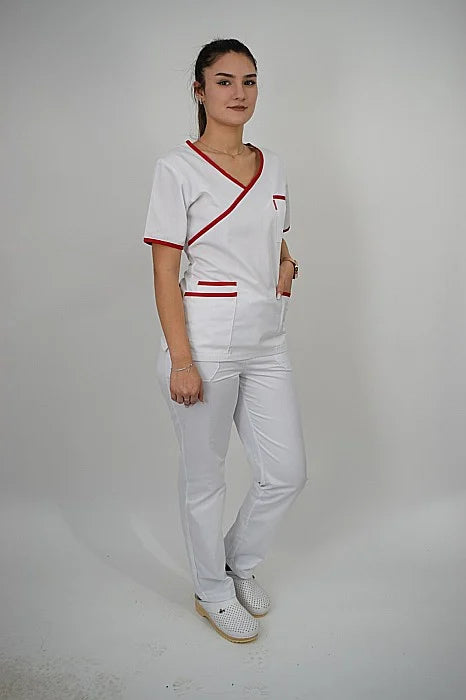 Uniforma Pentru Femei A08 Alb + Rosu Cu Pantaloni Albi