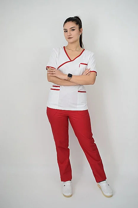 Uniforma Pentru Femei A08 Alb + Rosu Cu Pantaloni