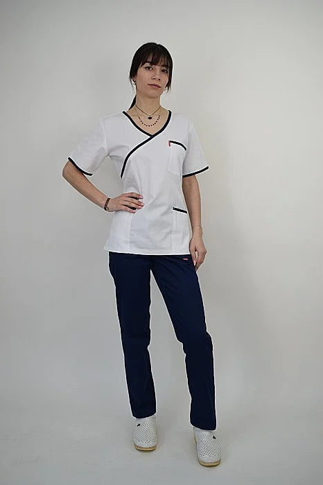 Uniforma Pentru Femei A08 Alb + Bleumarin Cu Pantaloni