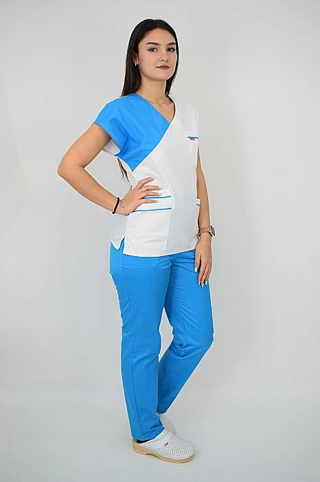 Uniforma Pentru Femei A02 Alb + Turcoaz Cu Pantaloni