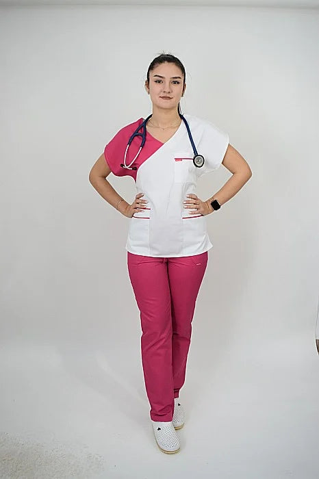 Uniforma Pentru Femei A02 Alb + Roz Cu Pantaloni
