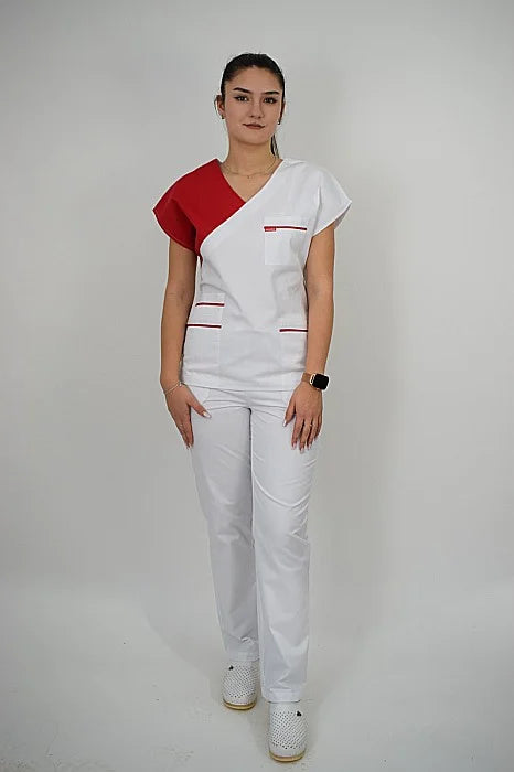 Uniforma Pentru Femei A02 Alb + Rosu Cu Pantaloni Albi