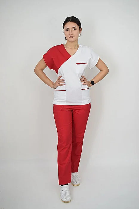 Uniforma Pentru Femei A02 Alb + Rosu Cu Pantaloni
