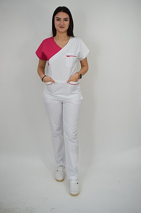 Uniforma Pentru Femei A02 Alb + Roz Cu Pantaloni Albi