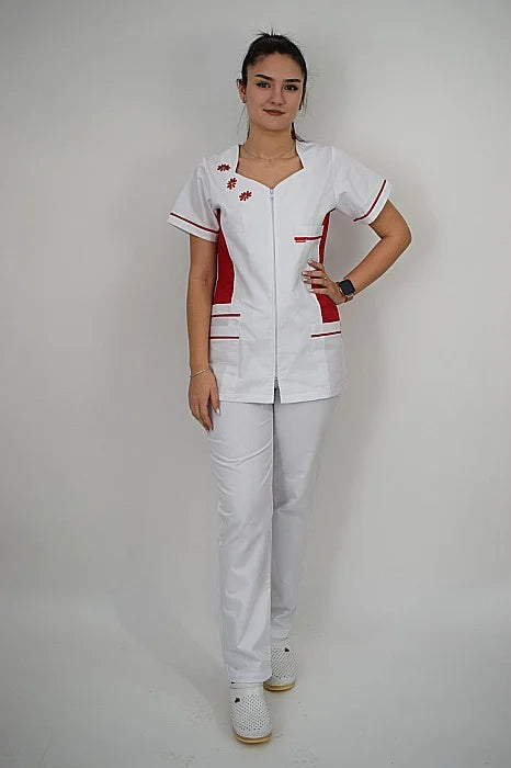 Uniforma Pentru Femei Model Brodat A05 Alb + Rosu Cu Pantaloni Albi