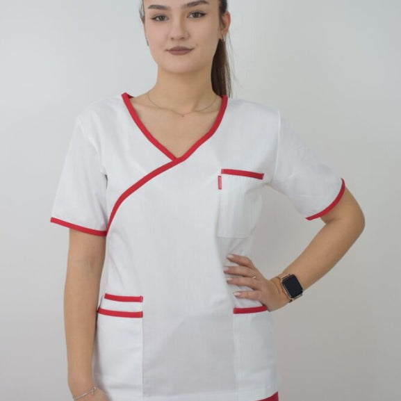 Uniforma Pentru Femei A08 Alb + Rosu Cu Pantaloni