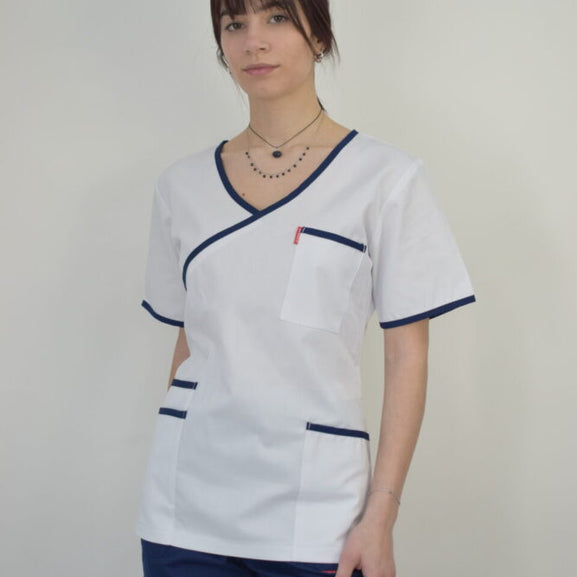 Uniforma Pentru Femei A08 Alb + Bleumarin Cu Pantaloni Albi