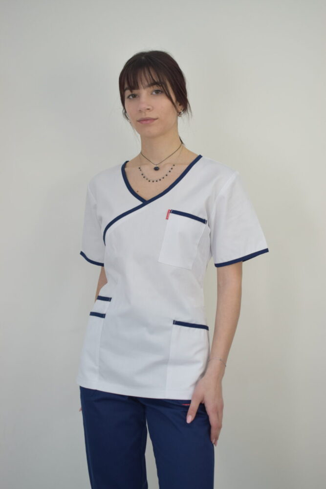 Uniforma Pentru Femei A08 Alb + Bleumarin Cu Pantaloni Albi