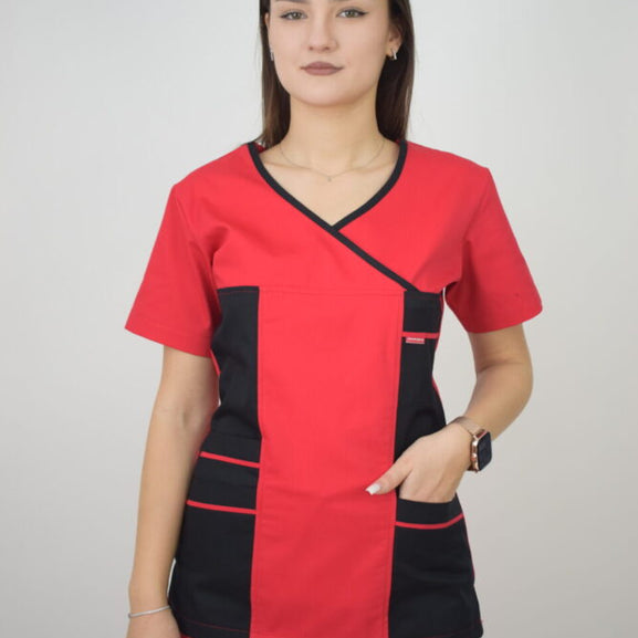 Uniforma Pentru Femei D06 Rosu + Negru Cu Pantaloni Negri