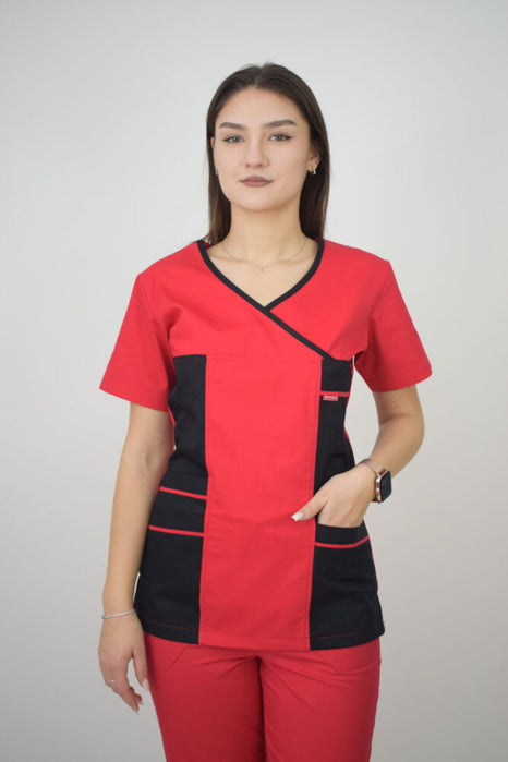 Uniforma Pentru Femei D06 Rosu + Negru Cu Pantaloni Rosii