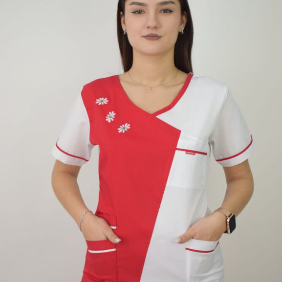 Uniforma Pentru Femei Model A02BC Rosu Cu Pantaloni Albi