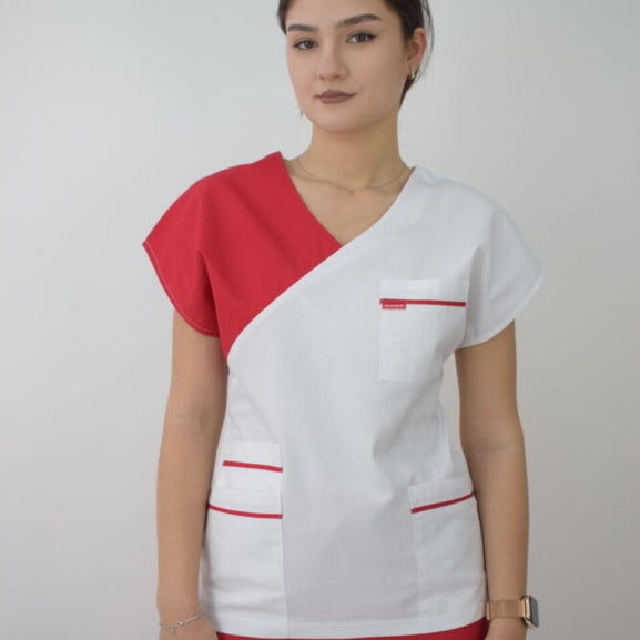 Uniforma Pentru Femei A02 Alb + Rosu Cu Pantaloni