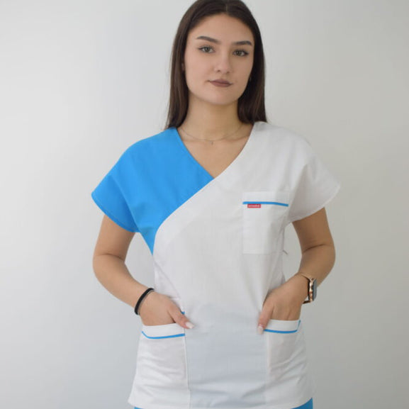 Uniforma Pentru Femei A02 Alb + Turcoaz Cu Pantaloni