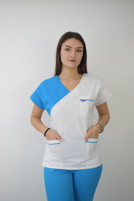 Uniforma Pentru Femei A02 Alb + Turcoaz Cu Pantaloni Albi