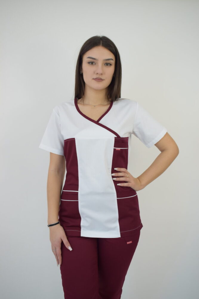 Uniforma Pentru Femei D06 Alb + Bordo Cu Pantaloni Albi