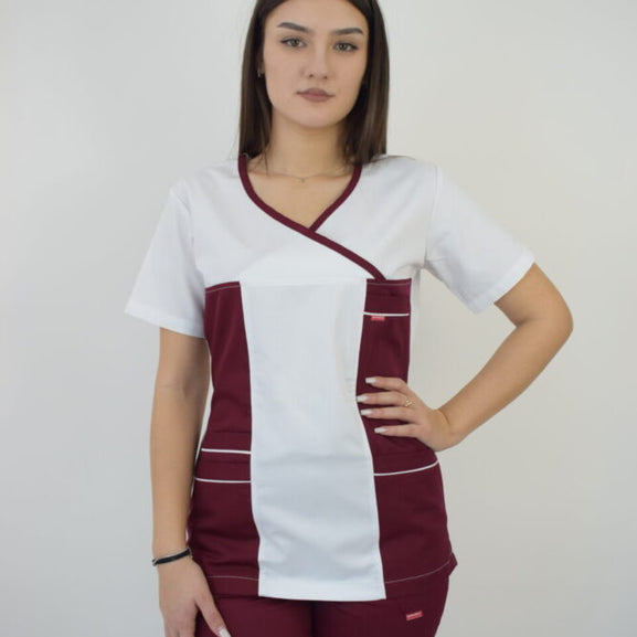 Uniforma Pentru Femei D06 Alb + Bordo Cu Pantaloni