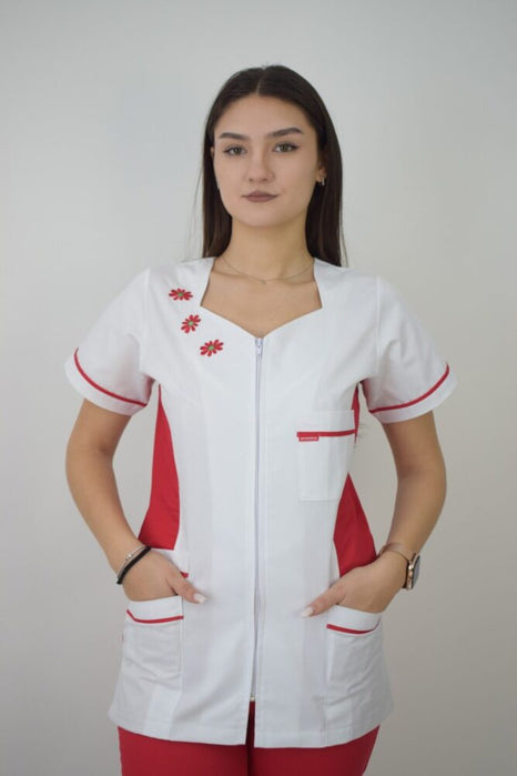 Uniforma Pentru Femei Model Brodat A05 Alb + Rosu Cu Pantaloni Albi