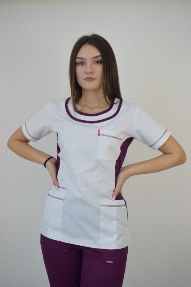 Uniforma Pentru Femei A06 Alb + Violet Cu Pantaloni Albi