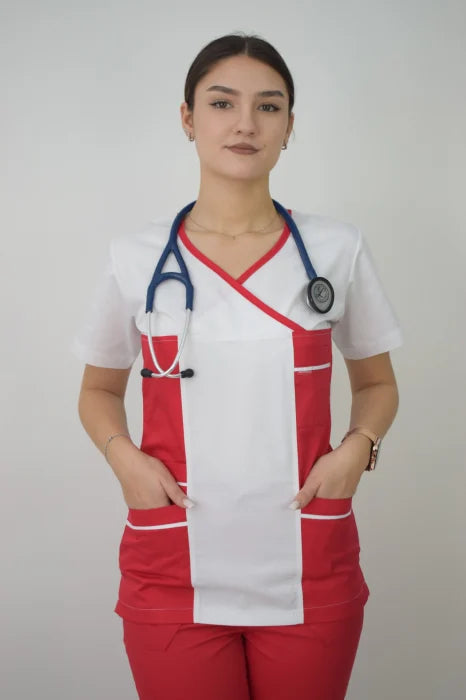 Uniforma Pentru Femei D06 Alb + Rosu Cu Pantaloni