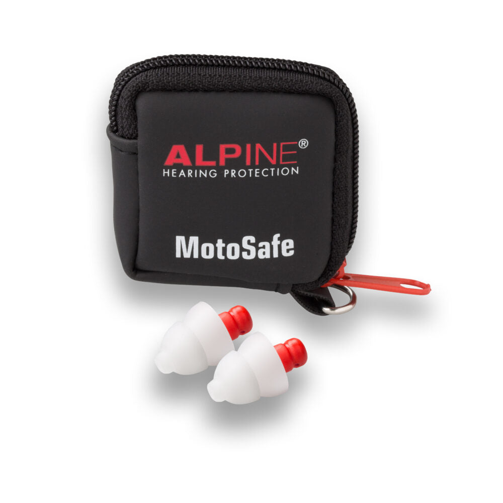 Alpine MotoSafe Race earplugs in front of the pouch
