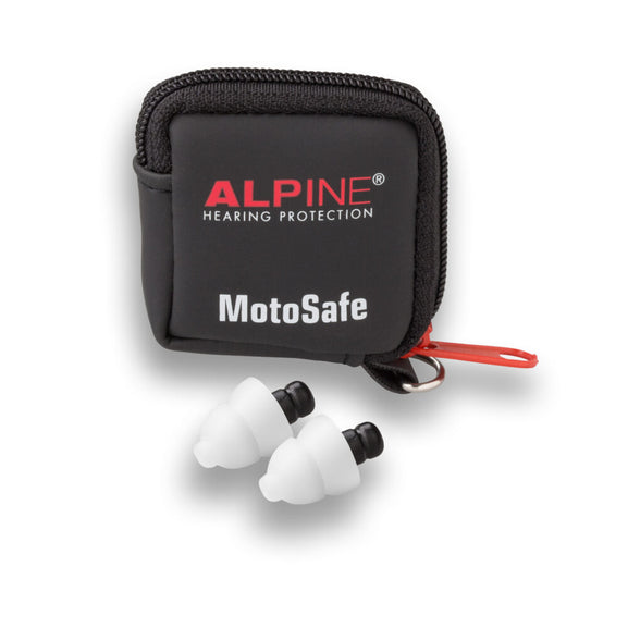 Alpine MotoSafe Tour earplugs in front of the pouch